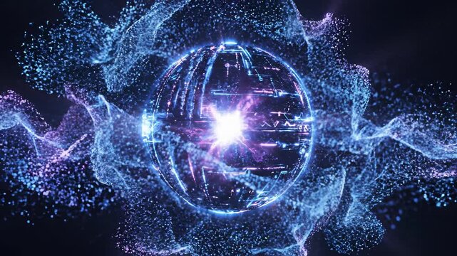 Cosmic energy sphere radiates vibrant blue and purple hues, symbolizing serenity and wonder, perfect for conceptualizing innovative ideas or visualizing technological breakthroughs in stunning.