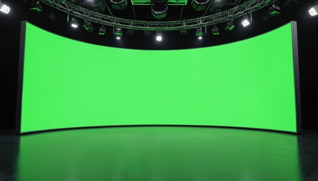 Empty TV studio with large curved green screen. Chroma key wall ready for virtual broadcast production. Modern stage lights illuminate set. Dark floor reflects bright screen. Spacious newsroom
