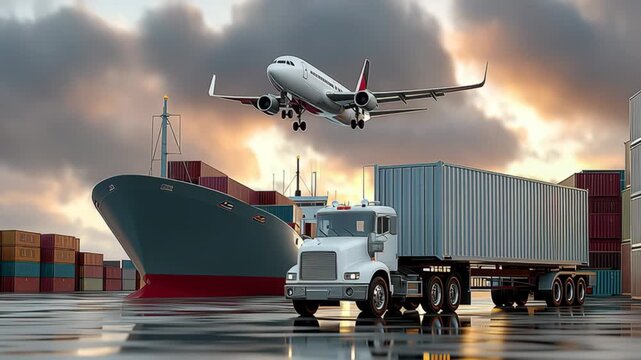 Large cargo ship is docked next to a large white truck. A small white airplane is flying above the ship and truck. The scene is set in a port, with the sky above the ship and the truck