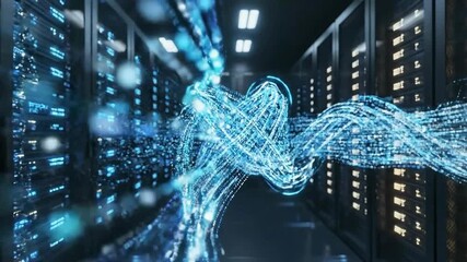 Abstract representation of data flowing through a modern server room or data center with glowing blue light trails. - Powered by Adobe