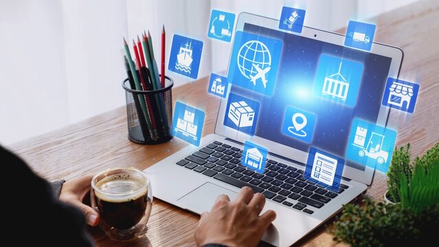 Global shipping icons show transport, logistics, and cargo delivery. Global shipping connects supply chain, global shipping management, and worldwide goods distribution. Gist