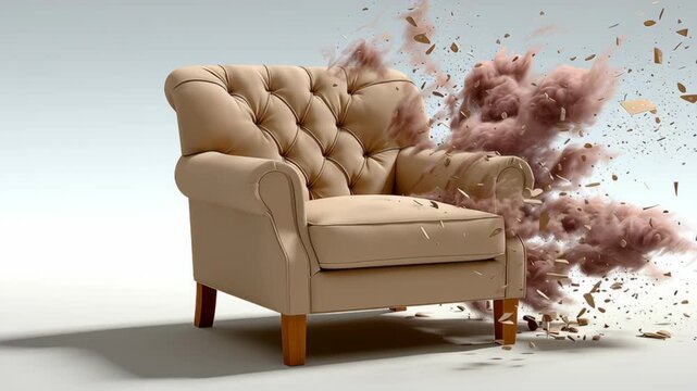 Chair is shown with a lot of debris around it, giving the impression of a destroyed or broken object. The chair is a brown color and is placed on a white background