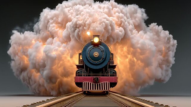 Train is blowing smoke and steam as it travels down the tracks. The scene is dramatic and intense, with the train appearing to be in the midst of a fiery explosion
