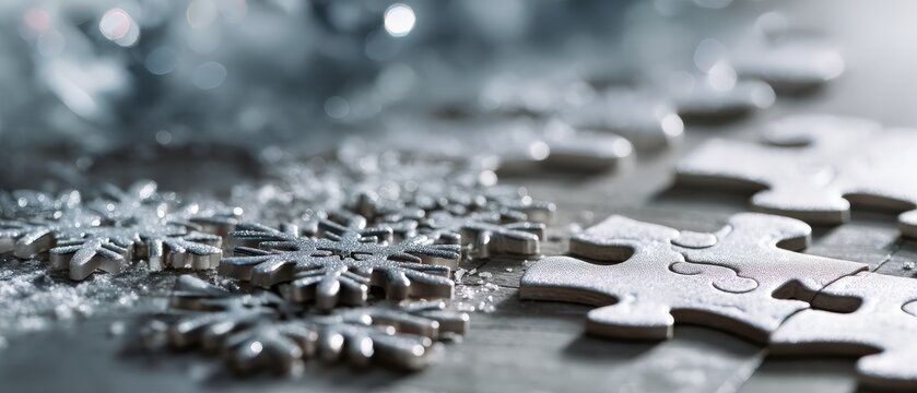Sparkling silver glitter snowflakes and puzzle pieces scattered on a textured surface, evoking winter holidays, Christmas, and the concept of connection and unity