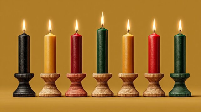 Seven candles lit for kwanzaa celebration on a yellow background