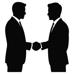 A striking black and white silhouette captures two businessmen in a firm handshake, symbolizing agreement, partnership, and professional collaboration, isolated on white background