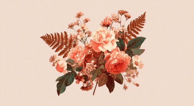 A bouquet of peach-colored roses and other flowers against a light beige background.