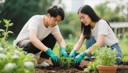 Asian couple planting herbs in garden while wearing gloves and smiling - Powered by Adobe