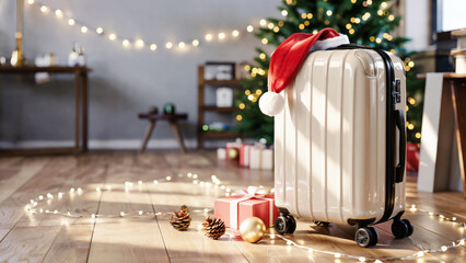 Holiday suitcase with Santa hat beside Christmas tree and festive decorations