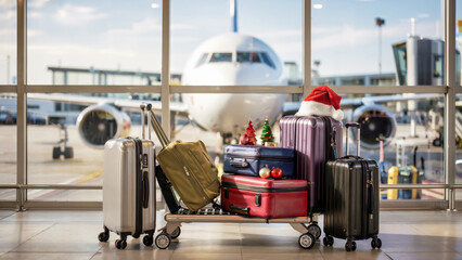 Luggage with Christmas decorations at airport terminal with airplane outside