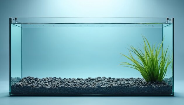 Clear glass rectangular aquarium tank with water, pebbles and green plant. Empty tank sits on blue background. Minimalist home decor concept.