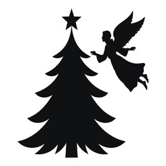 Silhouette of a christmas tree with a star on top and an angel flying nearby, isolated on white background a timeless image that evokes the magic and wonder of the holiday season