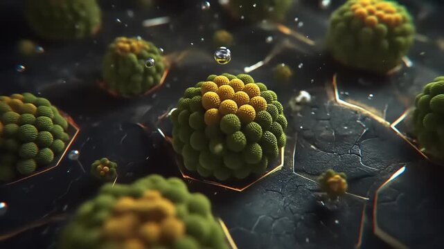 Detailed macro-level view of green and yellow spherical formations, featuring hexagonal borders, small water droplets, and a textured background, creating a visually engaging and abstract composition.