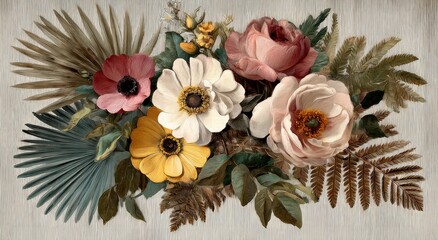 Fototapeta premium A detailed floral arrangement with roses, anemones, and palm leaves.