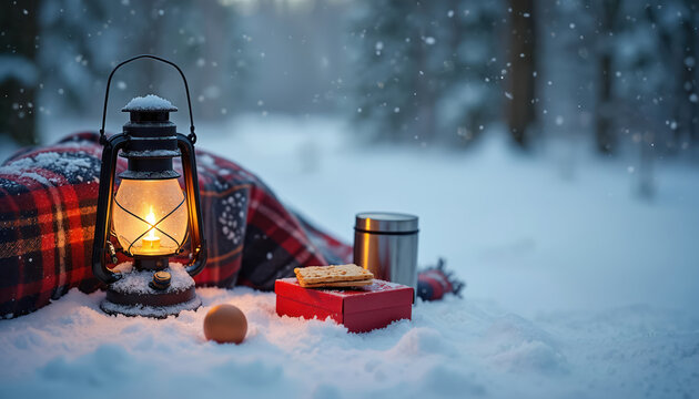 Winter storm scene with lit lantern, blanket, thermos, crackers, egg on snow. Supplies for cold weather survival and emergency preparedness in forest.