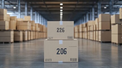 stacked cardboard boxes inside a spacious storage warehouse showing effective logistics and supply chain management for merchandise shipping operations
