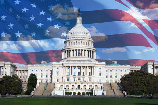 Close up of the US capitol building with US flag backdrop