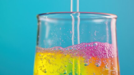 enticing close-up captures the effervescent allure of a liquid in a scientific container, sparkling against an azure backdrop with captivating bubbles