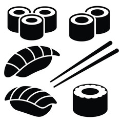This vector illustration showcases a sushi set, isolated on white background, featuring maki rolls, nigiri, and chopsticks, perfect for culinary designs and japanese cuisine themes