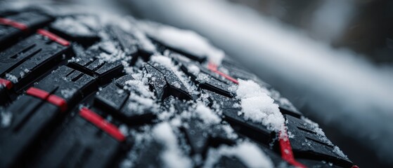 Closeup of a black car winter tire covered in fresh white snow, showcasing its deep tread pattern and red elements for safe driving in cold weather conditions