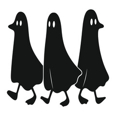 Three spooky ghosts are walking in a row, isolated on white background these cute and friendly spirits are ready for halloween night, bringing a touch of fun and fright to the celebration