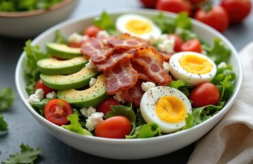 Classic Cobb salad in bowl close up. It has bacon avocado cherry tomatoes eggs cheese, lettuce. Nutritious balanced diet food with crisp vegetables fresh ingredients. Healthy gourmet meal recipe idea.