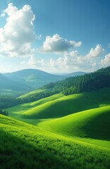Obraz premium Rolling green hills stretch under blue sky with white clouds. Sunlight brightens rich landscape, distant trees. Peaceful countryside shows natural beauty. Wide view captures harmony, fresh air, great