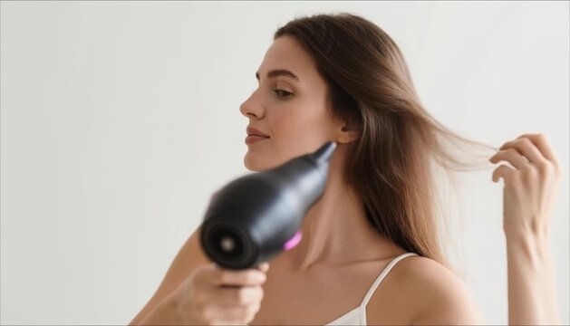 Woman drying hair with diffuser while looking in mirror indoors  