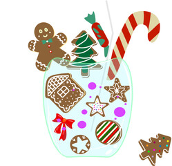 Festive vector illustration of various Christmas gingerbread cookies (man, house, tree, stars) and a candy cane placed inside a glass with a straw, suggesting a holiday dessert or cocktail. Ideal for 