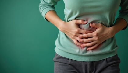 Woman holds lower stomach with both hands. Feels intense abdominal pain, sharp stomach ache cramps. Visual indigestion, digestive disorder gut discomfort. Represents serious health problem needing