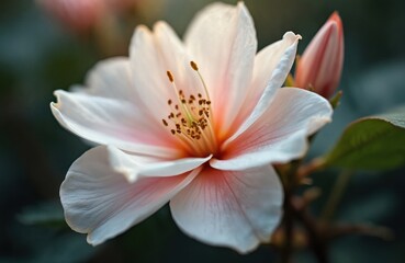 Close up view shows elegant fresh blossom. White flower with soft pink touch is blooming. Beautiful macro shows bloom petals, stamen and pistil in dark background. Floral design element.