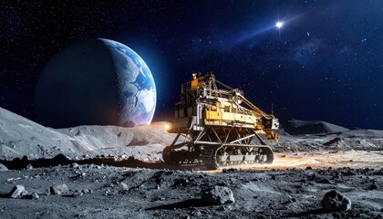 Heavy mining machine on lunar surface, Earth and stars in space background. Space industry, moon mining, advanced machinery, future technology, extraterrestrial resources, exploration, cosmos, sci-fi.
