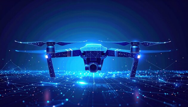  Futuristic drone with glowing blue lights in abstract digital cyberspace. Technology, AI, innovation, surveillance, virtual world, network, robotics, flying tech, data, artificial intelligence, 