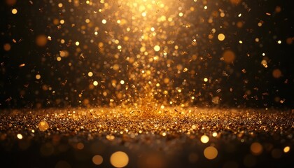 Golden confetti and bokeh lights fall gently against a dark background, creating a festive and celebratory atmosphere. This abstract visual evokes joy and excitement for special events and holidays.