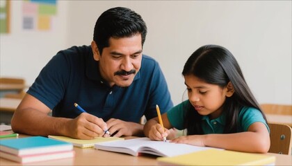 Hispanic father helping daughter with homework at the table   - Powered by Adobe
