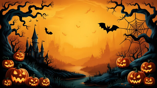 Spooky Halloween night landscape featuring a haunted castle glowing pumpkins and bats flying under a full moon creating a festive atmosphere