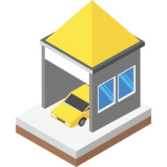 Isometric Yellow Car Underneath A Yellow Roofed Garage Structure With Gray Walls And Blue Windows On A White Base With Brown Ground