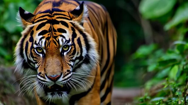 an awe inspiring glimpse of a bengal tiger gracefully traversing its lush habitat, presenting its formidable presence and allure, showcasing a majestic predator