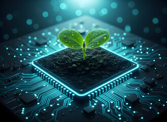 Vibrant green sprout growing from modern computer chip, showcasing sustainable technology concepts