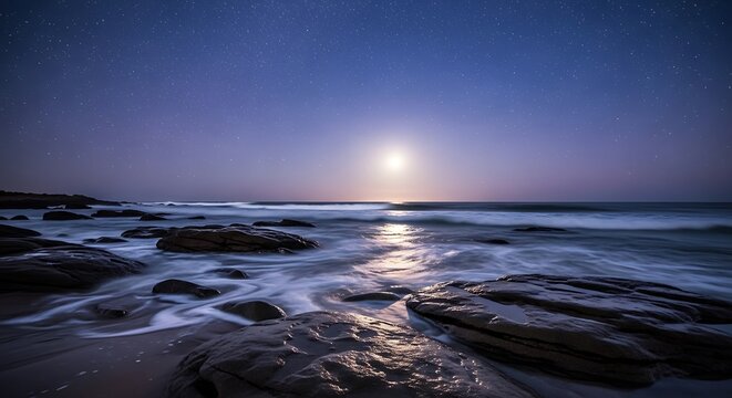Moonlit Ocean Waves Crashing on Rocky Shore at Night.