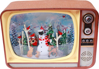 Christmas decoration snow globe snowman in vintage TV on transparent background