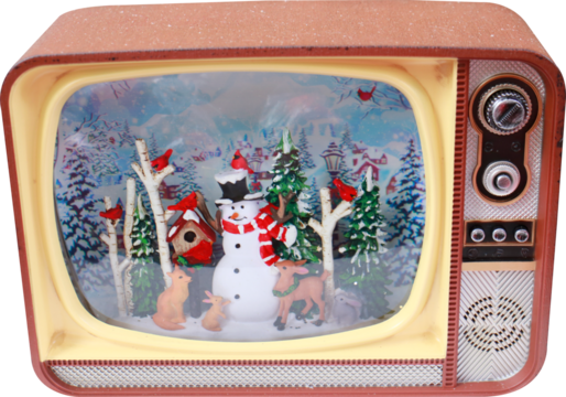 Christmas decoration snow globe snowman in vintage TV on transparent background