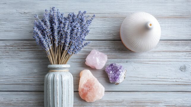 Dried lavender bouquet in a ceramic vase rests on pale wooden surface beside crystals and an essential oil diffuser