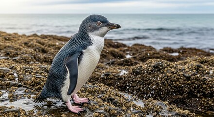 Obraz premium Fairy penguin walking along the shore with its small body and blue-gray feathers. The world’s smallest penguin, symbol of charm, coastal life, and wildlife.