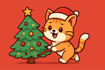 Happy ginger kitten setting up a Christmas tree for the holiday season