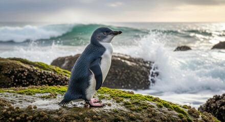 Fairy penguin walking along the shore with its small body and blue-gray feathers. The world’s smallest penguin, symbol of charm, coastal life, and wildlife.