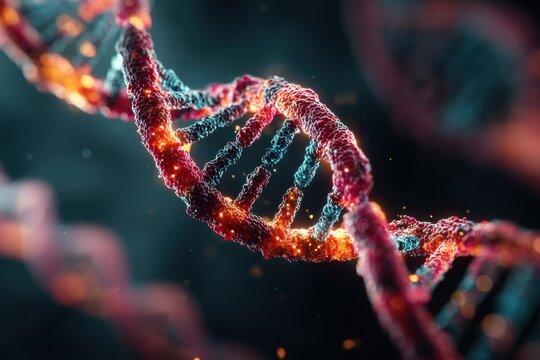 Digital DNA strands glowing in abstract space, showcasing biotechnology and molecular structures with sense of wonder and innovation