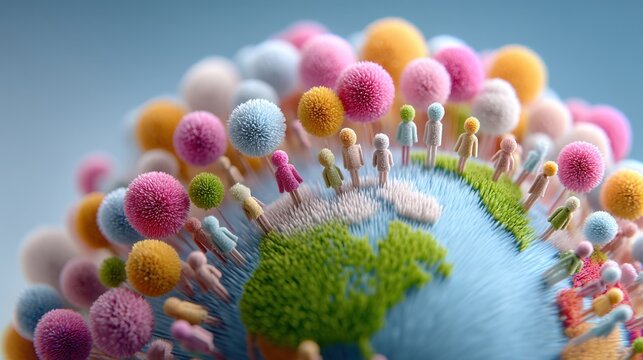 Diverse avatars surround globe, symbolizing unity and connection among people from different backgrounds. This representation highlights global
