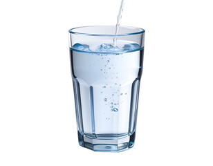 A clear glass filled with water and ice cubes being poured with a stream of water on top