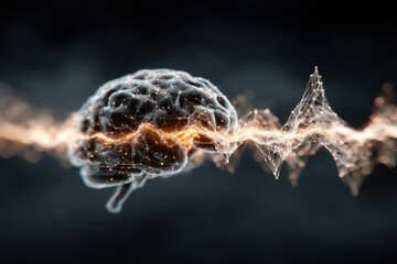 Image depicts brain with light pulses forming wave shape, symbolizing cognitive activity and neural connections
